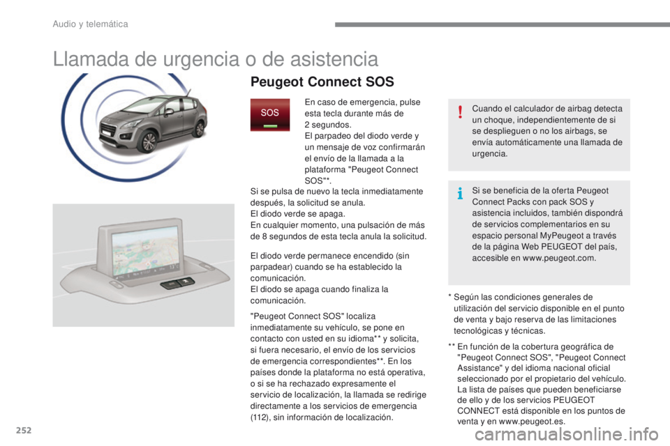 PEUGEOT 3008 2015.5. Manual del propietario (in Spanish) 252
3008_es_Chap12a_BTA_ed01-2015
Llamada de urgencia o de asistencia
Cuando el calculador de airbag detecta
un choque, independientemente de si
se desplieguen o no los airbags, se
envía automáti PEUGEOT 3008 2015.5. Manual del propietario (in Spanish) 252
3008_es_Chap12a_BTA_ed01-2015
Llamada de urgencia o de asistencia
Cuando el calculador de airbag detecta
un choque, independientemente de si
se desplieguen o no los airbags, se
envía automáti