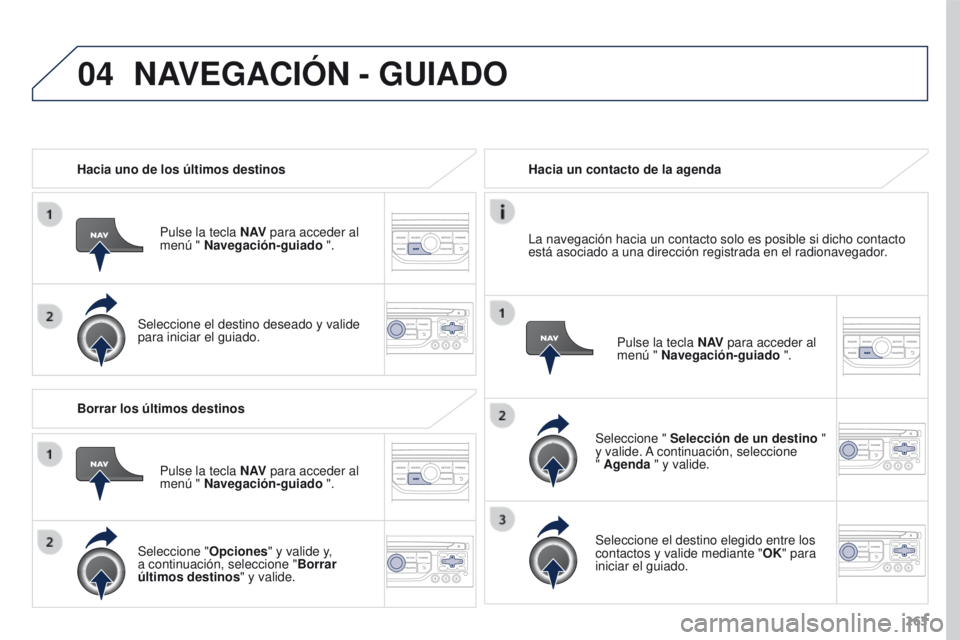 PEUGEOT 3008 2015.5. Manual del propietario (in Spanish) 04
263
3008_es_Chap12b_RT6-2-8_ed01-2015
Hacia uno de los últimos destinosPulse la tecla N AV para acceder al
menú " Navegación-guiado ".
Seleccione el destino deseado y valide
para inici PEUGEOT 3008 2015.5. Manual del propietario (in Spanish) 04
263
3008_es_Chap12b_RT6-2-8_ed01-2015
Hacia uno de los últimos destinosPulse la tecla N AV para acceder al
menú " Navegación-guiado ".
Seleccione el destino deseado y valide
para inici