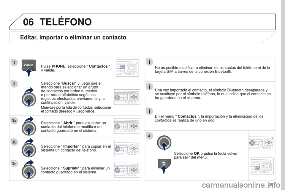 PEUGEOT 3008 2015.5. Manual del propietario (in Spanish) 06
281
3008_es_Chap12b_RT6-2-8_ed01-2015
Editar, importar o eliminar un contacto
Pulse PHONE, seleccione " Contactos "
y valide.
Seleccione "Buscar" y luego gire el
mando para selecc PEUGEOT 3008 2015.5. Manual del propietario (in Spanish) 06
281
3008_es_Chap12b_RT6-2-8_ed01-2015
Editar, importar o eliminar un contacto
Pulse PHONE, seleccione " Contactos "
y valide.
Seleccione "Buscar" y luego gire el
mando para selecc