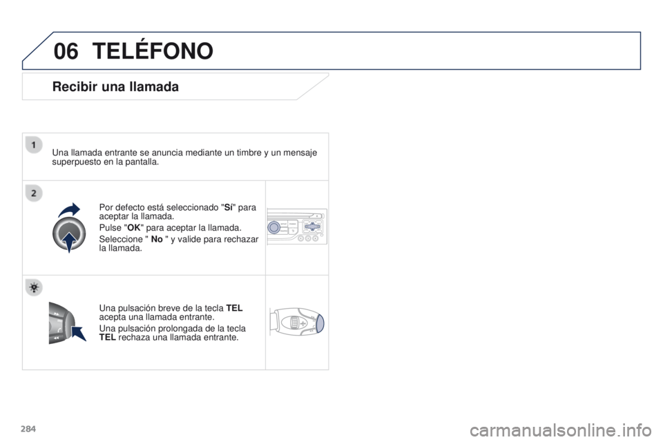 PEUGEOT 3008 2015.5. Manual del propietario (in Spanish) 06
284
3008_es_Chap12b_RT6-2-8_ed01-2015
TELÉFONO
Recibir una llamada
Una llamada entrante se anuncia mediante un timbre y un mensaje
superpuesto en la pantalla.Por defecto está seleccionado " PEUGEOT 3008 2015.5. Manual del propietario (in Spanish) 06
284
3008_es_Chap12b_RT6-2-8_ed01-2015
TELÉFONO
Recibir una llamada
Una llamada entrante se anuncia mediante un timbre y un mensaje
superpuesto en la pantalla.Por defecto está seleccionado "