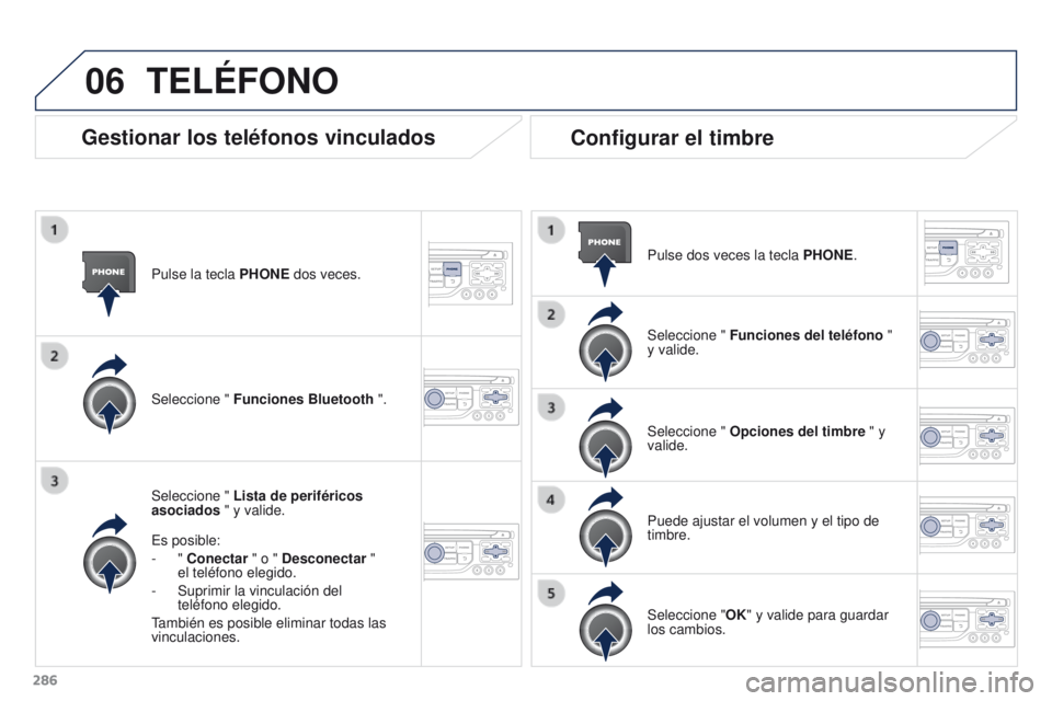 PEUGEOT 3008 2015.5. Manual del propietario (in Spanish) 06
286
3008_es_Chap12b_RT6-2-8_ed01-2015
Pulse la tecla PHONE dos veces.
Seleccione " Lista de periféricos
asociados " y valide.
Es posible:
-
" Conectar " o " Desconectar PEUGEOT 3008 2015.5. Manual del propietario (in Spanish) 06
286
3008_es_Chap12b_RT6-2-8_ed01-2015
Pulse la tecla PHONE dos veces.
Seleccione " Lista de periféricos
asociados " y valide.
Es posible:
-
" Conectar " o " Desconectar