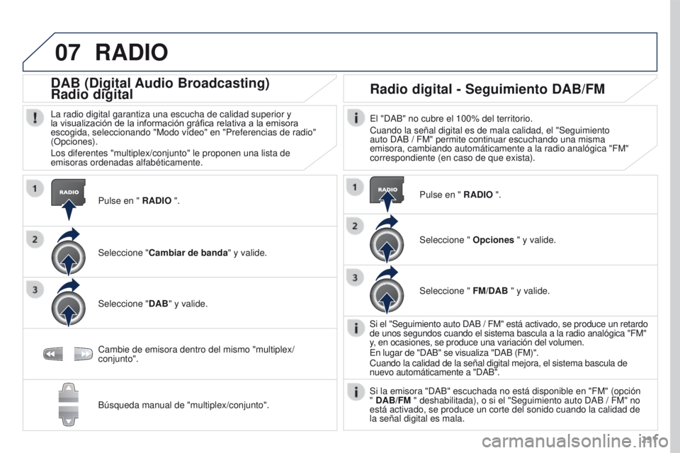 PEUGEOT 3008 2015.5. Manual del propietario (in Spanish) 07
291
3008_es_Chap12b_RT6-2-8_ed01-2015
RADIO
Pulse en " RADIO ".
DAB (Digital Audio Broadcasting)
Radio digital
La radio digital garantiza una escucha de calidad superior y
la visualizació PEUGEOT 3008 2015.5. Manual del propietario (in Spanish) 07
291
3008_es_Chap12b_RT6-2-8_ed01-2015
RADIO
Pulse en " RADIO ".
DAB (Digital Audio Broadcasting)
Radio digital
La radio digital garantiza una escucha de calidad superior y
la visualizació