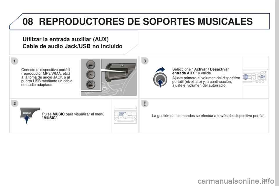 PEUGEOT 3008 2015.5. Manual del propietario (in Spanish) 08
297
3008_es_Chap12b_RT6-2-8_ed01-2015
REPRODUCTORES DE SOPORTES MUSICALES
Utilizar la entrada auxiliar (AUX)
Cable de audio Jack/USB no incluido
Conecte el dispositivo portátil
(reproductor MP3/ PEUGEOT 3008 2015.5. Manual del propietario (in Spanish) 08
297
3008_es_Chap12b_RT6-2-8_ed01-2015
REPRODUCTORES DE SOPORTES MUSICALES
Utilizar la entrada auxiliar (AUX)
Cable de audio Jack/USB no incluido
Conecte el dispositivo portátil
(reproductor MP3/