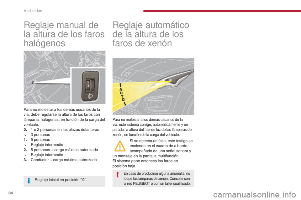 PEUGEOT 3008 2015.5. Manual del propietario (in Spanish) 84
3008_es_Chap04_visibilite_ed01-2015
Reglaje manual de
la altura de los faros
halógenos
Para no molestar a los demás usuarios de la
vía, debe regularse la altura de los faros con
lámparas ha PEUGEOT 3008 2015.5. Manual del propietario (in Spanish) 84
3008_es_Chap04_visibilite_ed01-2015
Reglaje manual de
la altura de los faros
halógenos
Para no molestar a los demás usuarios de la
vía, debe regularse la altura de los faros con
lámparas ha
