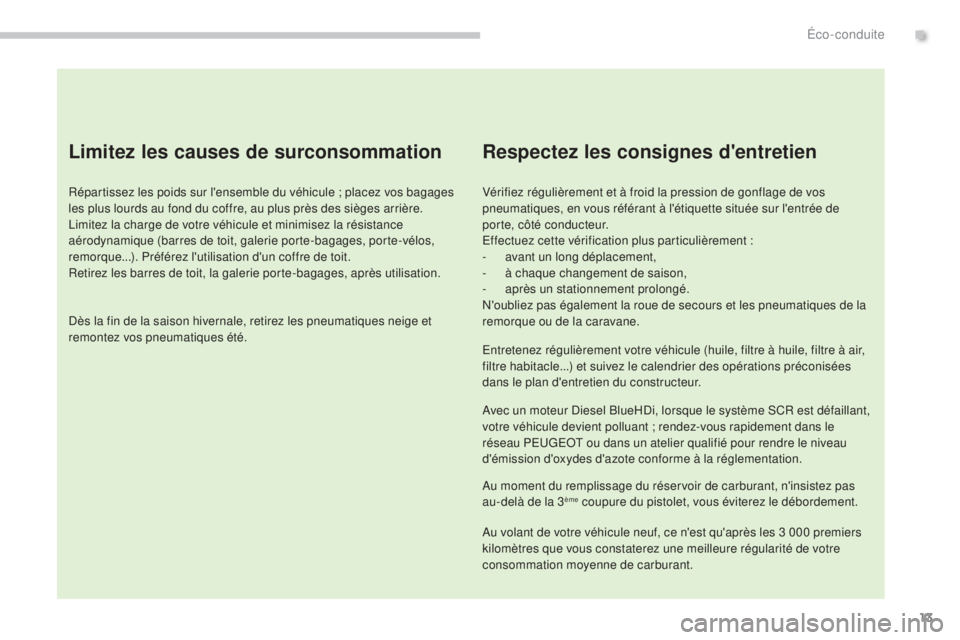 PEUGEOT 3008 2015.5. Manuel du propriétaire (in French) 13
Limitez les causes de surconsommation
Répartissez les poids sur l'ensemble du véhicule ; placez vos bagages
les plus lourds au fond du coffre, au plus près des sièges arrière.
Limitez la PEUGEOT 3008 2015.5. Manuel du propriétaire (in French) 13
Limitez les causes de surconsommation
Répartissez les poids sur l'ensemble du véhicule ; placez vos bagages
les plus lourds au fond du coffre, au plus près des sièges arrière.
Limitez la