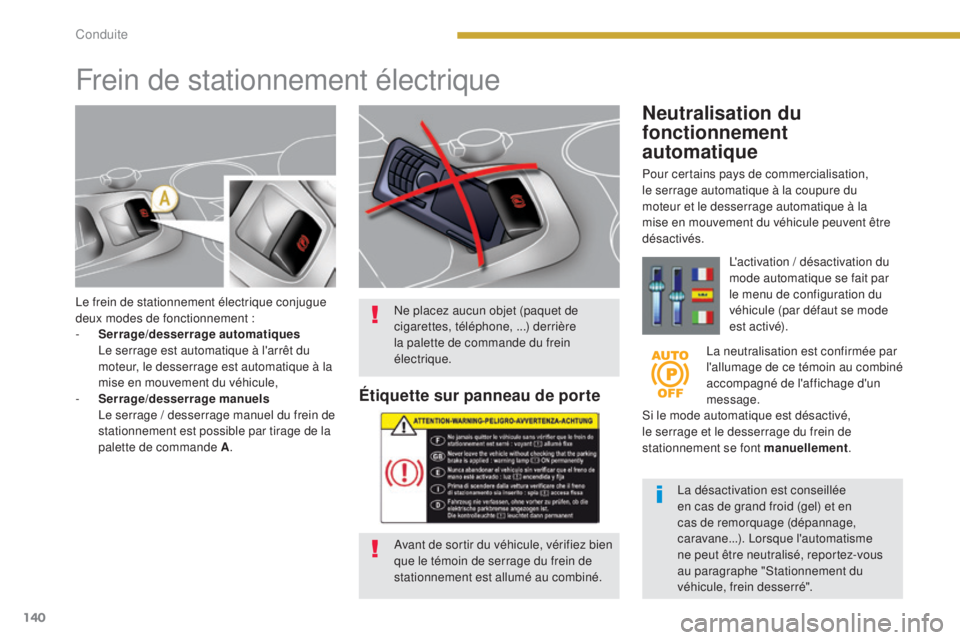 PEUGEOT 3008 2015.5. Manuel du propriétaire (in French) 140
Le frein de stationnement électrique conjugue
deux modes de fonctionnement :
-
S
errage/desserrage automatiques
L
e serrage est automatique à l'arrêt du
moteur, le desserrage est au PEUGEOT 3008 2015.5. Manuel du propriétaire (in French) 140
Le frein de stationnement électrique conjugue
deux modes de fonctionnement :
-
S
errage/desserrage automatiques
L
e serrage est automatique à l'arrêt du
moteur, le desserrage est au