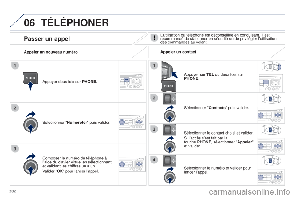 PEUGEOT 3008 2015.5.  Manuel du propriétaire (in French) 06
282
TÉLÉPHONER
Appuyer deux fois sur PHONE.
Sélectionner " Numéroter" puis valider. Sélectionner "
Contacts" puis valider.
Composer le numéro de téléphone à 
l’aide du cl
