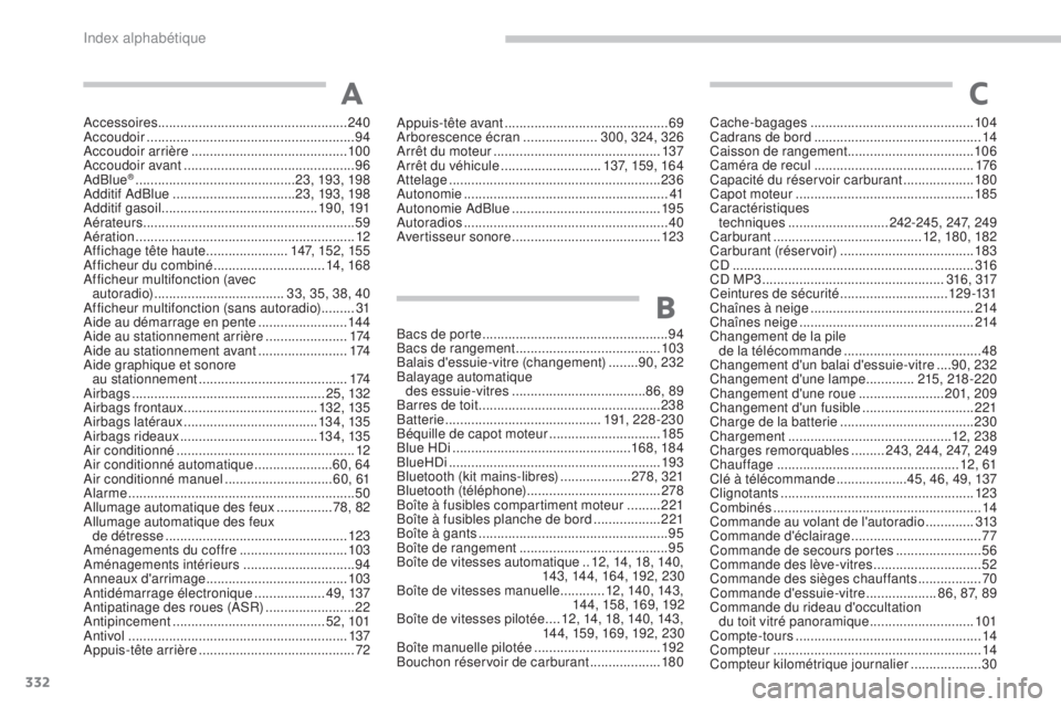 PEUGEOT 3008 2015.5.  Manuel du propriétaire (in French) 332
Accessoires................................................... 240
Accoudoir  ........................................................ 94
Accoudoir arrière
 

....................................