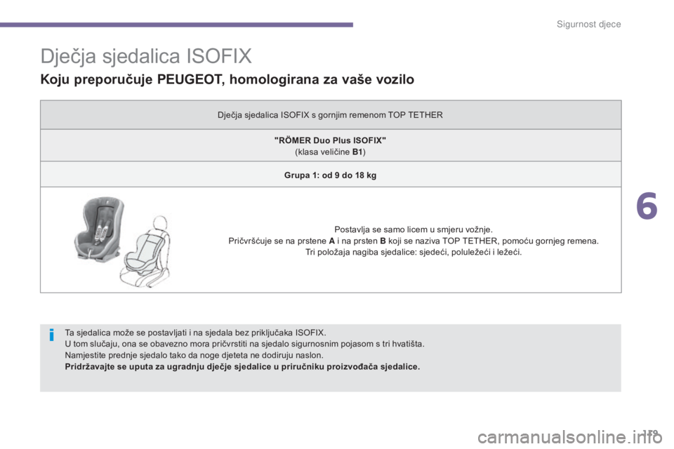 PEUGEOT 3008 2015.5. Upute Za Rukovanje (in Croatian) 119
3008_hr_Chap06_securite-enfants_ed01-2015
Dječja sjedalica ISOFIX
Ta sjedalica može se postavljati i na sjedala bez priključaka ISOFIX.
U tom slučaju, ona se obavezno mora pričvrstiti na sjed PEUGEOT 3008 2015.5. Upute Za Rukovanje (in Croatian) 119
3008_hr_Chap06_securite-enfants_ed01-2015
Dječja sjedalica ISOFIX
Ta sjedalica može se postavljati i na sjedala bez priključaka ISOFIX.
U tom slučaju, ona se obavezno mora pričvrstiti na sjed