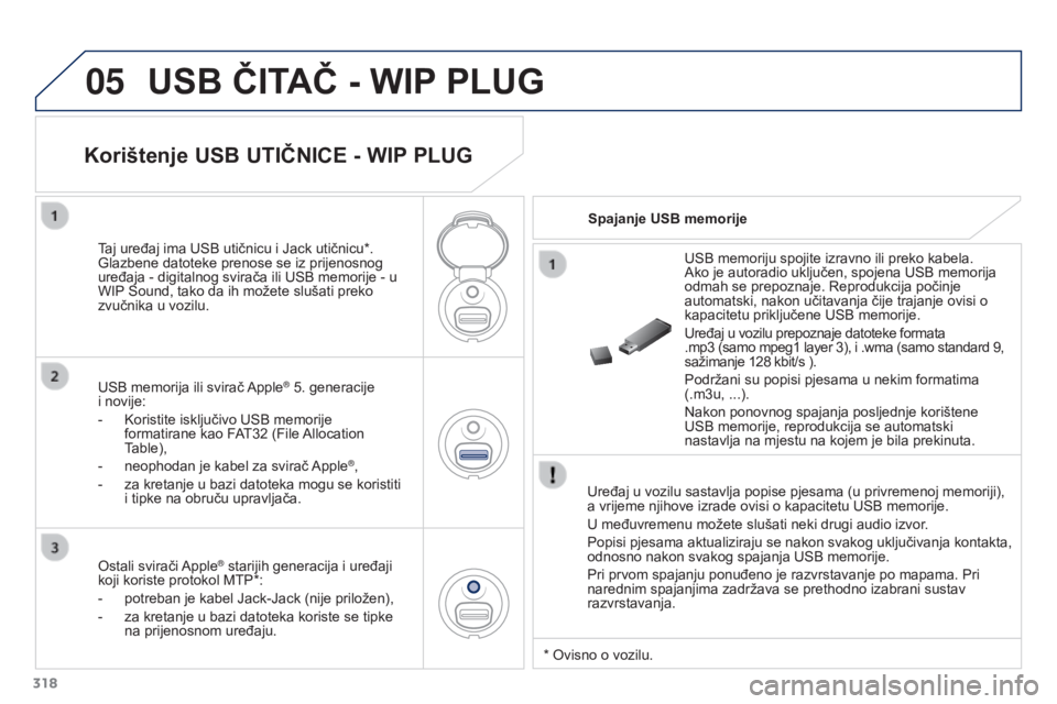 PEUGEOT 3008 2015.5. Upute Za Rukovanje (in Croatian) 05
318
3008_hr_Chap12c_RD45_ed01_2015
USB ČITAČ - WIP PLUG
Uređaj u vozilu sastavlja popise pjesama (u privremenoj memoriji),
a vrijeme njihove izrade ovisi o kapacitetu USB memorije.
U međuvreme PEUGEOT 3008 2015.5. Upute Za Rukovanje (in Croatian) 05
318
3008_hr_Chap12c_RD45_ed01_2015
USB ČITAČ - WIP PLUG
Uređaj u vozilu sastavlja popise pjesama (u privremenoj memoriji),
a vrijeme njihove izrade ovisi o kapacitetu USB memorije.
U međuvreme