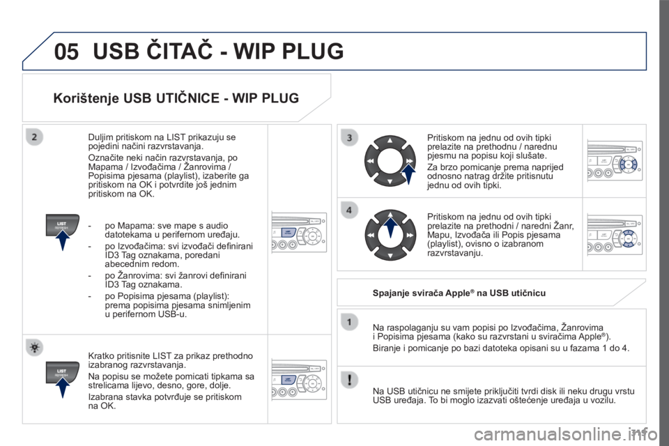 PEUGEOT 3008 2015.5. Upute Za Rukovanje (in Croatian) 05
319
3008_hr_Chap12c_RD45_ed01_2015
Korištenje USB UTIČNICE - WIP PLUG
Kratko pritisnite LIST za prikaz prethodno
izabranog razvrstavanja.
Na popisu se možete pomicati tipkama sa
strelicama lij PEUGEOT 3008 2015.5. Upute Za Rukovanje (in Croatian) 05
319
3008_hr_Chap12c_RD45_ed01_2015
Korištenje USB UTIČNICE - WIP PLUG
Kratko pritisnite LIST za prikaz prethodno
izabranog razvrstavanja.
Na popisu se možete pomicati tipkama sa
strelicama lij