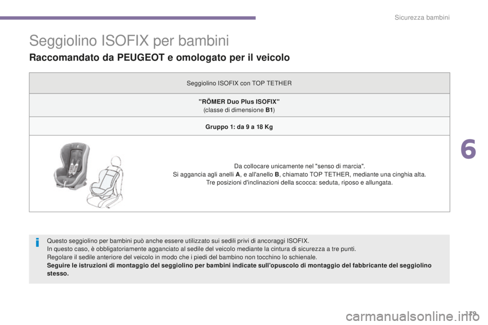 PEUGEOT 3008 2015.5. Manuale duso (in Italian) 119
3008_it_Chap06_securite-enfants_ed01-2015
Seggiolino ISOFIX per bambini
Questo seggiolino per bambini può anche essere utilizzato sui sedili privi di ancoraggi ISOFIX.
In questo caso, è obbligat PEUGEOT 3008 2015.5. Manuale duso (in Italian) 119
3008_it_Chap06_securite-enfants_ed01-2015
Seggiolino ISOFIX per bambini
Questo seggiolino per bambini può anche essere utilizzato sui sedili privi di ancoraggi ISOFIX.
In questo caso, è obbligat