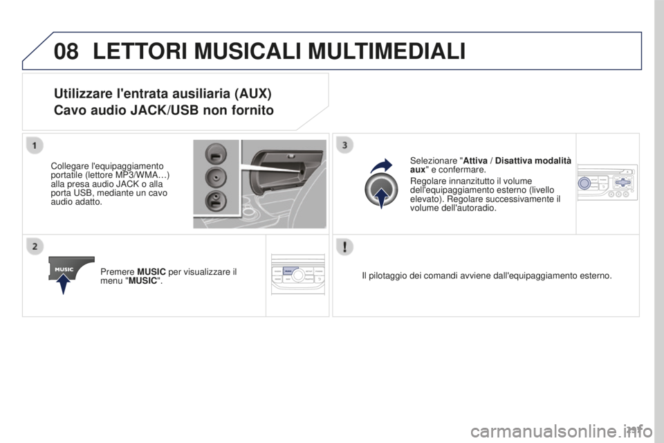 PEUGEOT 3008 2015.5. Manuale duso (in Italian) 08
297
3008_it_Chap12b_RT6-2-8_ed01-2015
LETTORI MUSICALI MULTIMEDIALI
Utilizzare l'entrata ausiliaria (AUX)
Cavo audio JACK/USB non fornito
Collegare l'equipaggiamento
portatile (lettore MP3 PEUGEOT 3008 2015.5. Manuale duso (in Italian) 08
297
3008_it_Chap12b_RT6-2-8_ed01-2015
LETTORI MUSICALI MULTIMEDIALI
Utilizzare l'entrata ausiliaria (AUX)
Cavo audio JACK/USB non fornito
Collegare l'equipaggiamento
portatile (lettore MP3