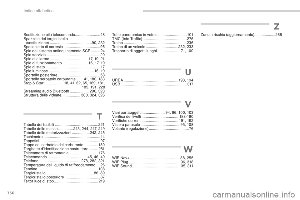 PEUGEOT 3008 2015.5. Manuale duso (in Italian) 336
3008_it_Chap13_index-alpha_ed01-2015
Sostituzione pila telecomando........................48
Spazzole del tergicristallo (sostituzione)
........................................ 90, 232
Specch PEUGEOT 3008 2015.5. Manuale duso (in Italian) 336
3008_it_Chap13_index-alpha_ed01-2015
Sostituzione pila telecomando........................48
Spazzole del tergicristallo (sostituzione)
........................................ 90, 232
Specch
