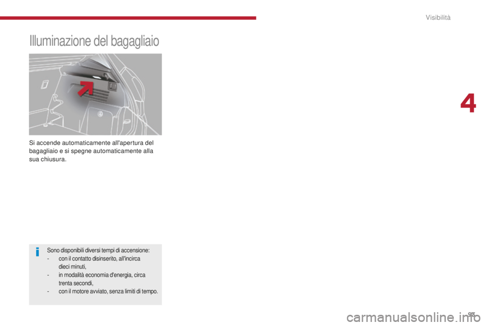 PEUGEOT 3008 2015.5. Manuale duso (in Italian) 93
3008_it_Chap04_visibilite_ed01-2015
Si accende automaticamente all'apertura del
bagagliaio e si spegne automaticamente alla
sua chiusura.
Illuminazione del bagagliaio
Sono disponibili diversi PEUGEOT 3008 2015.5. Manuale duso (in Italian) 93
3008_it_Chap04_visibilite_ed01-2015
Si accende automaticamente all'apertura del
bagagliaio e si spegne automaticamente alla
sua chiusura.
Illuminazione del bagagliaio
Sono disponibili diversi