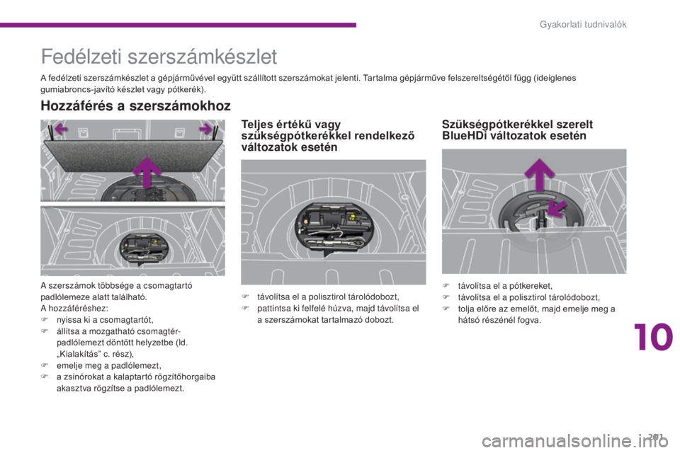 PEUGEOT 3008 2015.5. Kezelési útmutató (in Hungarian) 201
3008_hu_Chap10_infos-pratiques_ed01-2015
Fedélzeti szerszámkészlet
A fedélzeti szerszámkészlet a gépjárművével együtt szállított szerszámokat jelenti. Tartalma gépjárműve felszere PEUGEOT 3008 2015.5. Kezelési útmutató (in Hungarian) 201
3008_hu_Chap10_infos-pratiques_ed01-2015
Fedélzeti szerszámkészlet
A fedélzeti szerszámkészlet a gépjárművével együtt szállított szerszámokat jelenti. Tartalma gépjárműve felszere