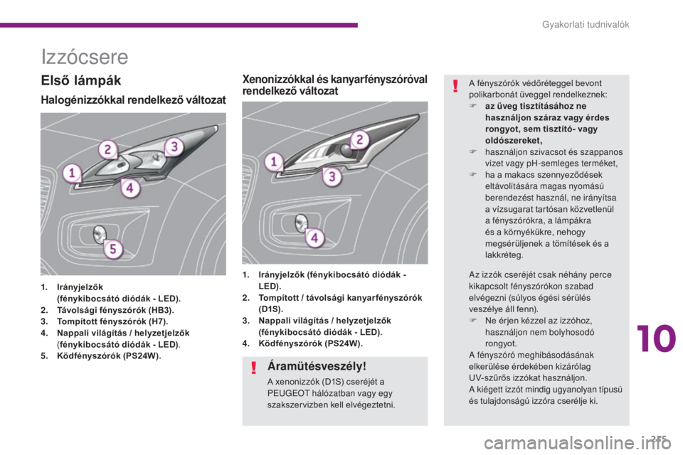 PEUGEOT 3008 2015.5. Kezelési útmutató (in Hungarian) 215
3008_hu_Chap10_infos-pratiques_ed01-2015
Izzócsere
Halogénizzókkal rendelkező változat
1. Irányjelzők (f
énykibocsátó diódák - LED).
2.
T
ávolsági fényszórók (HB3).
3.
T
omp PEUGEOT 3008 2015.5. Kezelési útmutató (in Hungarian) 215
3008_hu_Chap10_infos-pratiques_ed01-2015
Izzócsere
Halogénizzókkal rendelkező változat
1. Irányjelzők (f
énykibocsátó diódák - LED).
2.
T
ávolsági fényszórók (HB3).
3.
T
omp