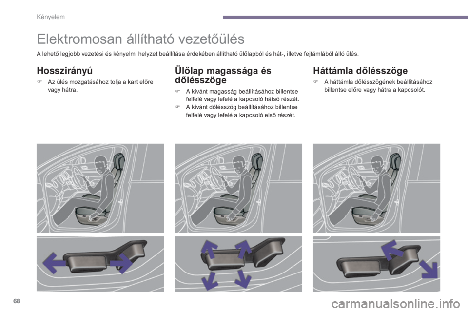 PEUGEOT 3008 2015.5. Kezelési útmutató (in Hungarian) 68
3008_hu_Chap03_confort_ed01-2015
Elektromosan állítható vezetőülés
Hosszirányú
F Az ülés mozgatásához tolja a kart előre vagy hátra.
Ülőlap magassága és
dőlésszöge
F A kíván PEUGEOT 3008 2015.5. Kezelési útmutató (in Hungarian) 68
3008_hu_Chap03_confort_ed01-2015
Elektromosan állítható vezetőülés
Hosszirányú
F Az ülés mozgatásához tolja a kart előre vagy hátra.
Ülőlap magassága és
dőlésszöge
F A kíván