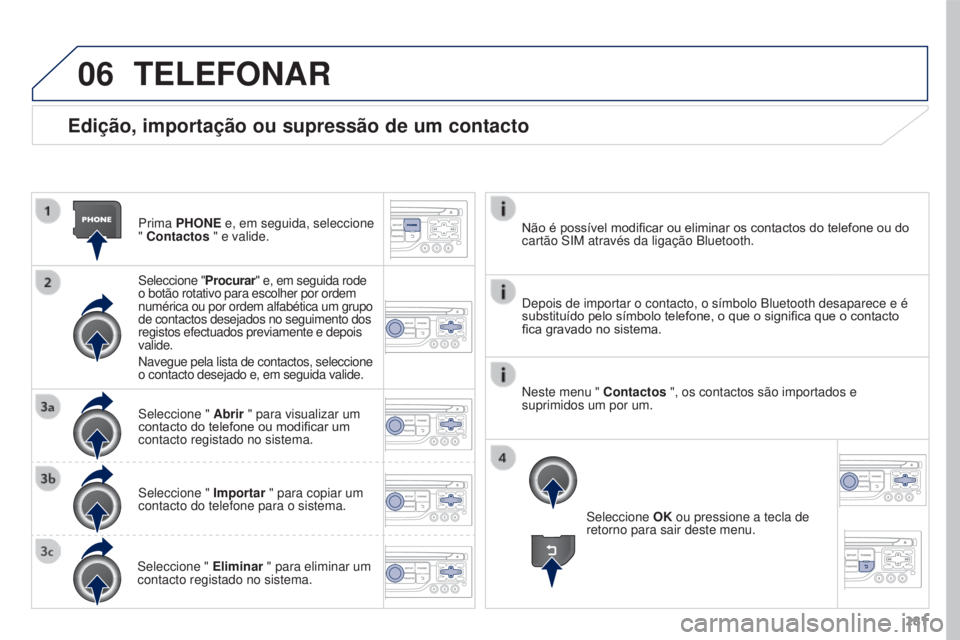 PEUGEOT 3008 2015.5.  Manual de utilização (in Portuguese) 06
281
3008_pt_Chap12b_Rt6-2-8_ed01-2015
Edição, importação ou supressão de um contacto
Prima PHONE e, em seguida, seleccione 
" Contactos " e valide.
Seleccione "Procurar" e, em 