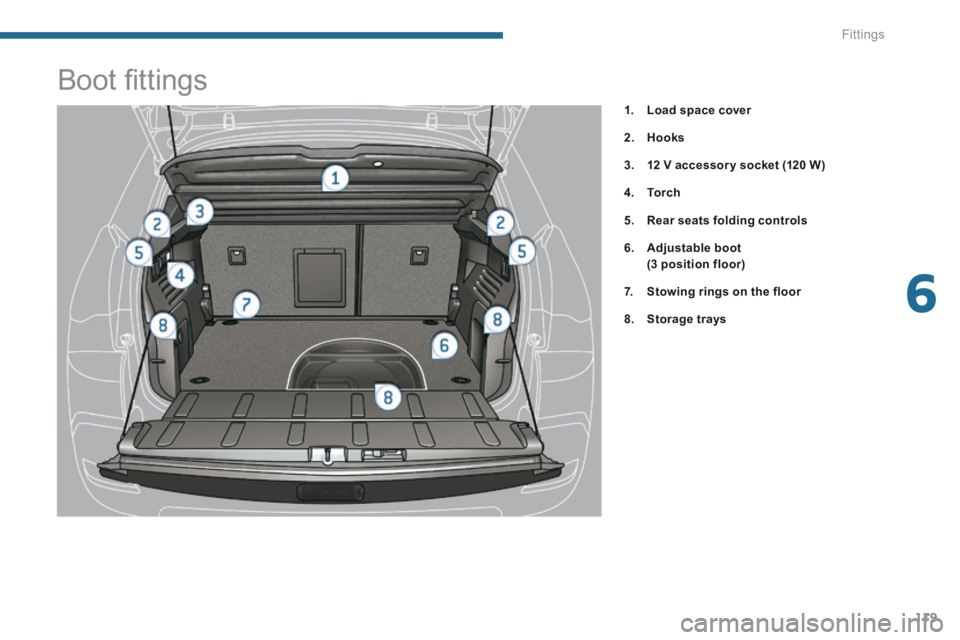 PEUGEOT 3008 2014 Owners Manual 6
Fittings119
Boot fi ttings
1. Load space cover
2. Hooks
3. 12 V accessor y socket (120 W)
4. To r c h
5. Rear seats folding controls
6. Adjustable boot (3 PEUGEOT 3008 2014 Owners Manual 6
Fittings119
Boot fi ttings
1. Load space cover
2. Hooks
3. 12 V accessor y socket (120 W)
4. To r c h
5. Rear seats folding controls
6. Adjustable boot (3