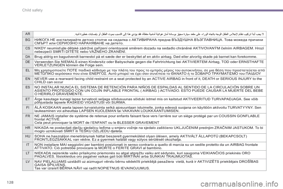 PEUGEOT 3008 2014 Owners Manual AR
BG
НИКОГА НЕ инсталирайте детско столче на седалка с АКТИВИРАНА предна ВЪЗДУШНА ВЪЗГЛАВНИЦ А. Това можеда пр PEUGEOT 3008 2014 Owners Manual AR
BG
НИКОГА НЕ инсталирайте детско столче на седалка с АКТИВИРАНА предна ВЪЗДУШНА ВЪЗГЛАВНИЦ А. Това можеда пр