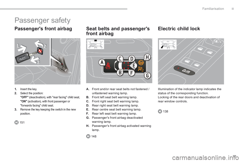 PEUGEOT 3008 2014  Owners Manual .
151
148
138
Familiarisation17
 Passenger  safety 
  Passengers  front  airbag 
1.Insert the key. 2.  Select the position:    "OFF"  (deactivation), with "rear facing" child seat,    "ON"  (activati