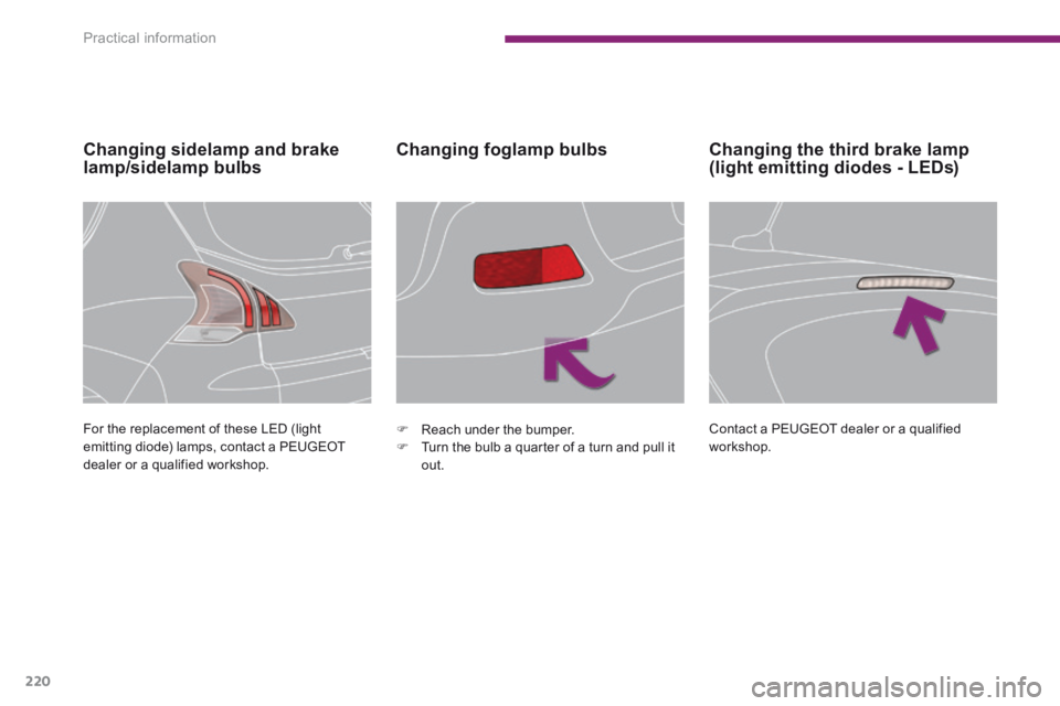 PEUGEOT 3008 2014  Owners Manual Practical information
220
  Changing sidelamp and brake lamp/sidelamp bulbs Changing foglamp bulbs 
 For the replacement of these LED (light emitting diode) lamps, contact a PEUGEOT dealer or a qualif