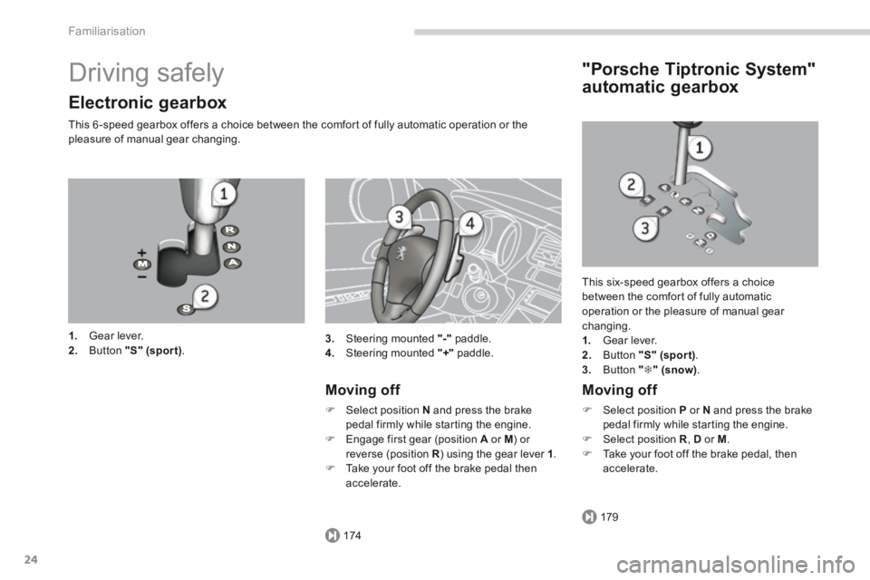 PEUGEOT 3008 2014 Owners Manual 174
179
Familiarisation
24
 Driving  safely 
  Electronic  gearbox 
  This 6 -speed gearbox offers a choice between the comfort of fully automatic operation or the pleasure of manual gear changing. 
1