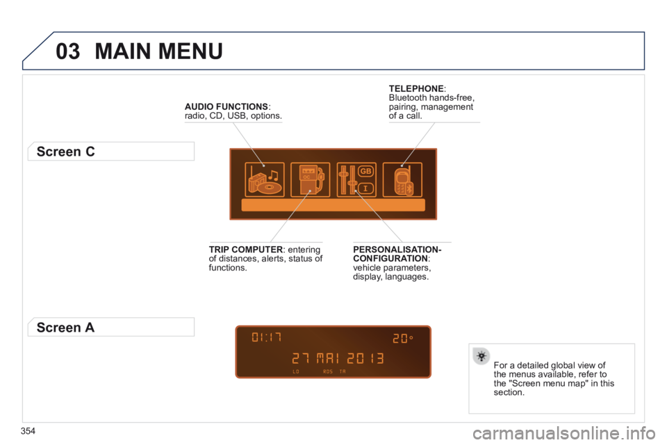 PEUGEOT 3008 2014  Owners Manual 03
354
 MAIN  MENU 
AUDIO FUNCTIONS : radio, CD, USB, options.  
          Screen C 
  For a detailed global view of the menus available, refer to the "Screen menu map" in this section.   
TELEPHONE :