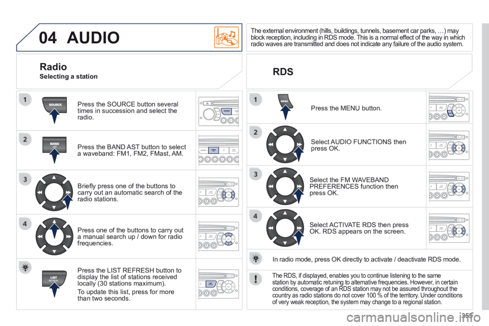 PEUGEOT 3008 2014  Owners Manual 04
355
 AUDIO 
 Press the SOURCE button several times in succession and select the radio.  
  Press the BAND AST button to select a waveband: FM1, FM2, FMast, AM.  
  Brieﬂ y press one of the button