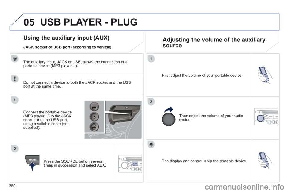 PEUGEOT 3008 2014  Owners Manual 05
360
  The display and control is via the portable device.   
  First adjust the volume of your portable device.  
  Then adjust the volume of your audio system.  
                   Using the auxil