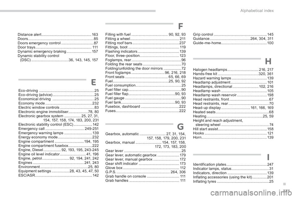 PEUGEOT 3008 2014  Owners Manual .
Alphabetical index373
Eco-driving  .....................................................25Eco-driving (advice) ........................................25Economical driving  .........................
