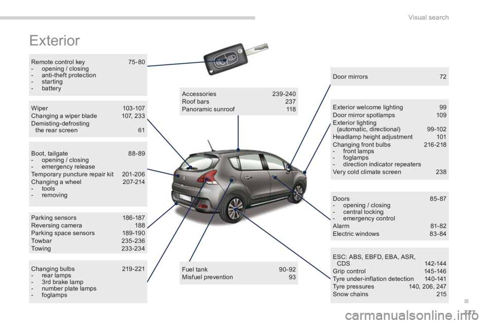 PEUGEOT 3008 2014  Owners Manual .
Visual search377
 Exterior  
  Remote  control  key  75 - 80    -   opening  /  closing   -   anti-theft  protection   -   starting   -   battery   
  Wiper 103 -107  Changing a wiper blade  107, 23