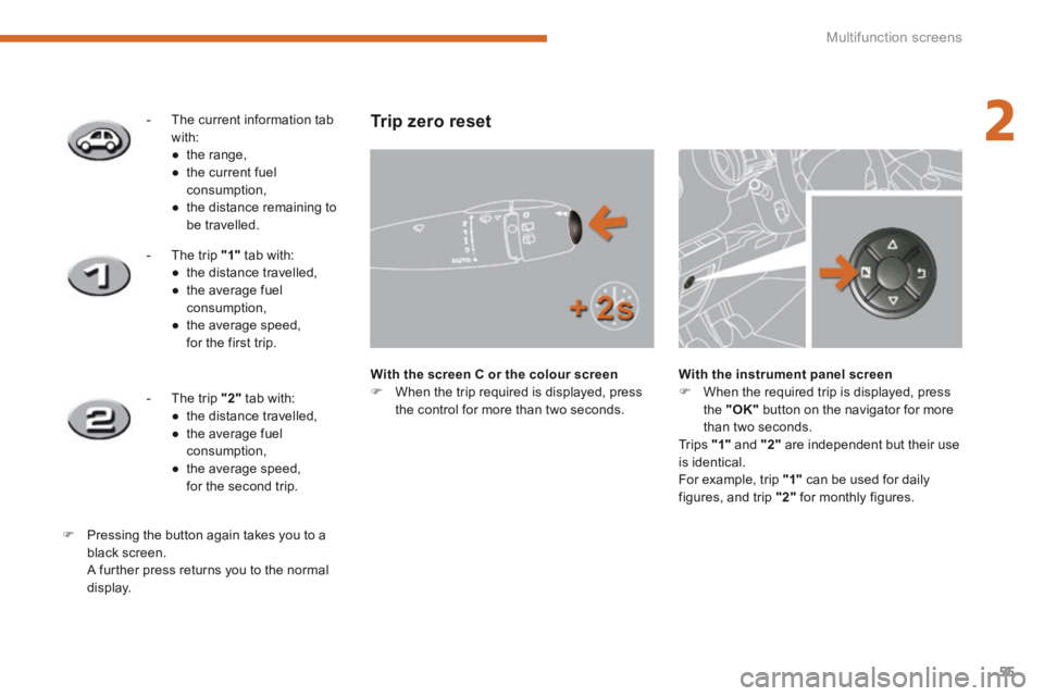 PEUGEOT 3008 2014 Workshop Manual 2
Multifunction screens55
    -   The  current  information  tab with:    ●    t h e   r a n g e ,    ●   the current fuel consumption,   ●   the distance remaining to be  travelled.    
    -  
