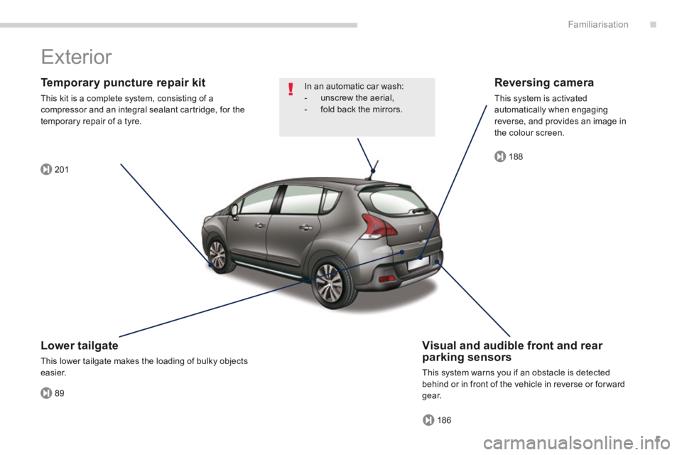 PEUGEOT 3008 2014  Owners Manual .
89
201
186
188
Familiarisation5
 Exterior  
  Temporary puncture repair kit 
 This kit is a complete system, consisting of a compressor and an integral sealant cartridge, for the temporary repair of