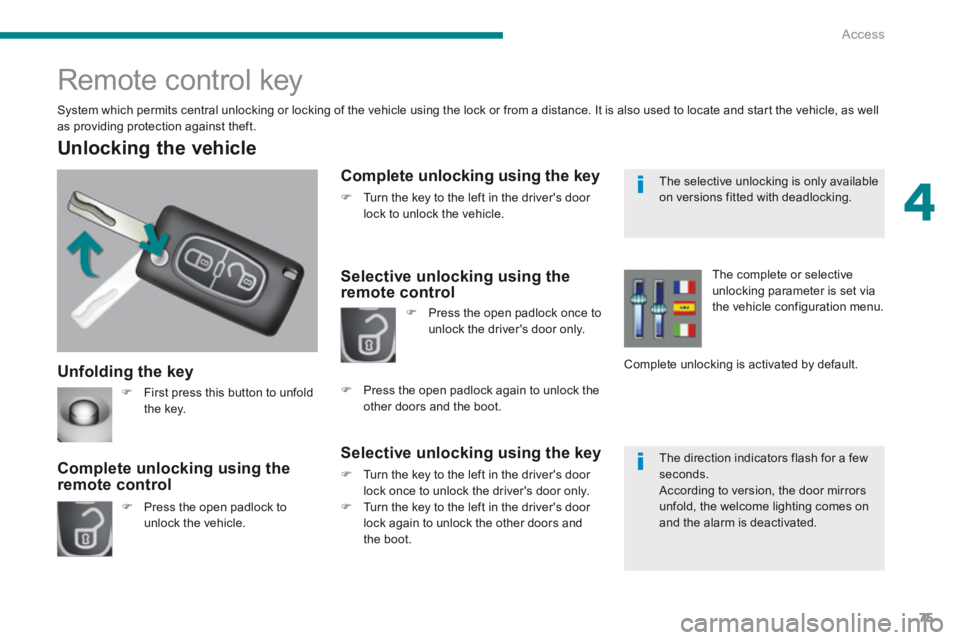 PEUGEOT 3008 2014 Manual PDF 4
Access75
Unfolding the key
Unlocking the vehicle
Press the open padlock to unlock the vehicle.
Complete unlocking using the remote control
Remote control ke PEUGEOT 3008 2014 Manual PDF 4
Access75
Unfolding the key
Unlocking the vehicle
Press the open padlock to unlock the vehicle.
Complete unlocking using the remote control
Remote control ke