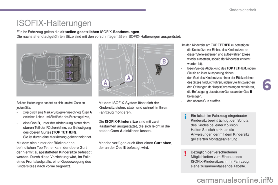 PEUGEOT 3008 2014 Betriebsanleitungen (in German) 121
ISOFIX-Halterungen
Bei den Halterungen handelt es sich um drei Ösen an
jedem Sitz:
- zwei durch eine Markierung gekennzeichnete Ösen A zwischen Lehne und Sitzfläche des Fahrzeugsitzes,
Mit dem PEUGEOT 3008 2014 Betriebsanleitungen (in German) 121
ISOFIX-Halterungen
Bei den Halterungen handelt es sich um drei Ösen an
jedem Sitz:
- zwei durch eine Markierung gekennzeichnete Ösen A zwischen Lehne und Sitzfläche des Fahrzeugsitzes,
Mit dem