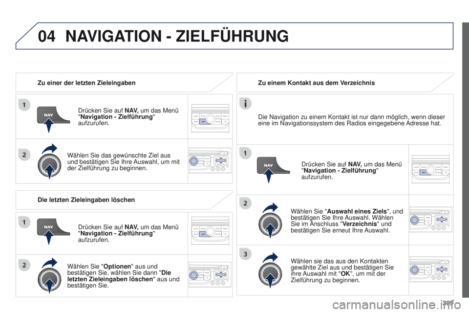 PEUGEOT 3008 2014  Betriebsanleitungen (in German) 04
309
3008_de_Chap12c_Rt6-2-8_ed01-2014
Zu einer der letzten Zieleingaben
Drücken Sie auf  N AV, um das Menü  
"Navigation - Zielführung " 
aufzurufen.
Wählen Sie das gewünschte Ziel aus