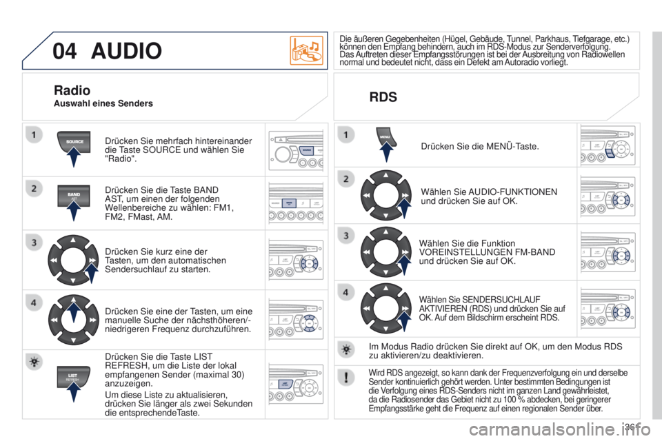PEUGEOT 3008 2014  Betriebsanleitungen (in German) 04
361
3008_de_Chap12d_RD45_ed01_2013
AUDIO
Drücken Sie mehrfach hintereinander 
die taste SOu RC e  und wählen Sie 
"Radio".
Drücken Sie die 
taste BAND 
AS

t
, um einen der folgenden 
W
