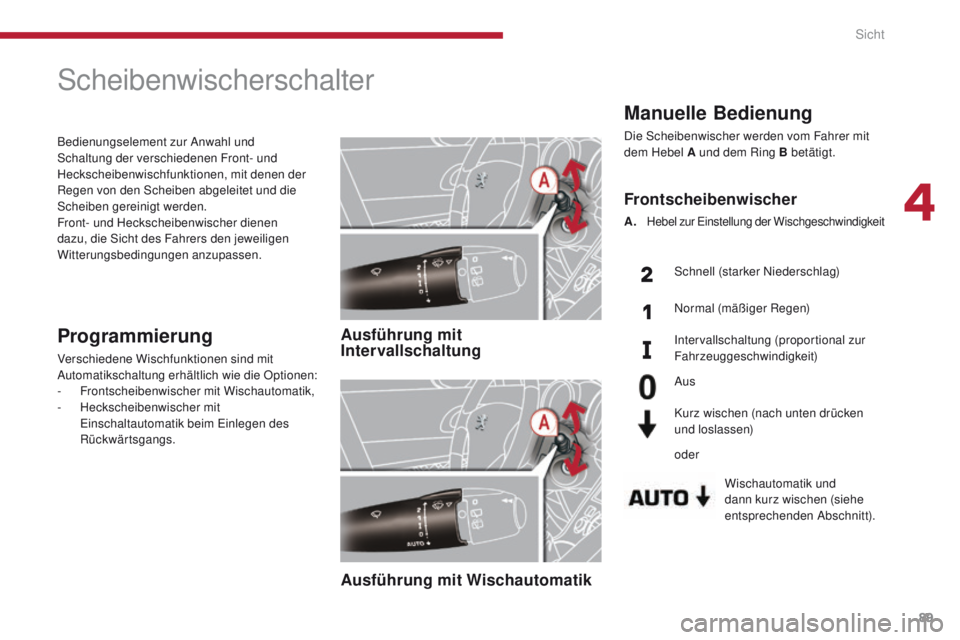 PEUGEOT 3008 2014 Betriebsanleitungen (in German) 89
Manuelle Bedienung
Die Scheibenwischer werden vom Fahrer mit
dem Hebel A und dem Ring B betätigt.Wischautomatik und
dann kurz wischen (siehe
entsprechenden Abschnitt).
Frontscheibenwischer
A. H PEUGEOT 3008 2014 Betriebsanleitungen (in German) 89
Manuelle Bedienung
Die Scheibenwischer werden vom Fahrer mit
dem Hebel A und dem Ring B betätigt.Wischautomatik und
dann kurz wischen (siehe
entsprechenden Abschnitt).
Frontscheibenwischer
A. H