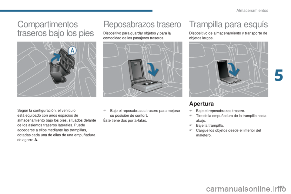 PEUGEOT 3008 2014 Manual del propietario (in Spanish) 103
Reposabrazos traseroTrampilla para esquís
Apertura
F Baje el reposabrazos trasero.
F T ire de la empuñadura de la trampilla hacia
abajo.
F
B
aje la trampilla.
F
Ca
rgue los objetos desde PEUGEOT 3008 2014 Manual del propietario (in Spanish) 103
Reposabrazos traseroTrampilla para esquís
Apertura
F Baje el reposabrazos trasero.
F T ire de la empuñadura de la trampilla hacia
abajo.
F
B
aje la trampilla.
F
Ca
rgue los objetos desde