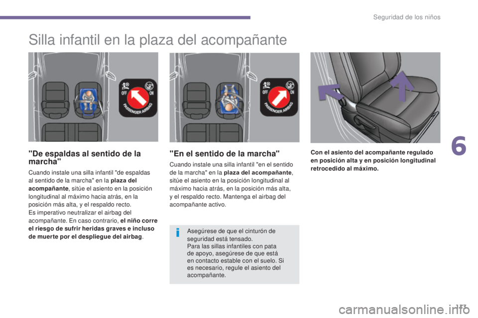 PEUGEOT 3008 2014  Manual del propietario (in Spanish) 113
"En el sentido de la marcha"
Cuando instale una silla infantil "en el sentido 
de la marcha" en la plaza del acompañante, 
sitúe el asiento en la posición longitudinal al 
máxi