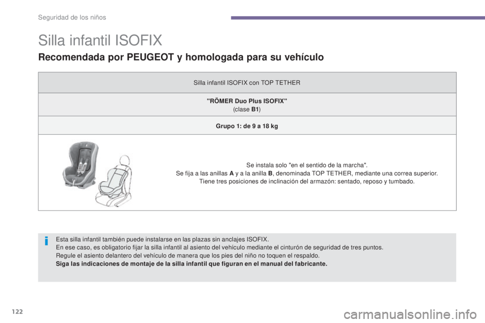 PEUGEOT 3008 2014 Manual del propietario (in Spanish) 122
Silla infantil ISOFIX
Esta silla infantil también puede instalarse en las plazas sin anclajes ISOFIX.
En ese caso, es obligatorio fijar la silla infantil al asiento del vehículo mediante el cint PEUGEOT 3008 2014 Manual del propietario (in Spanish) 122
Silla infantil ISOFIX
Esta silla infantil también puede instalarse en las plazas sin anclajes ISOFIX.
En ese caso, es obligatorio fijar la silla infantil al asiento del vehículo mediante el cint