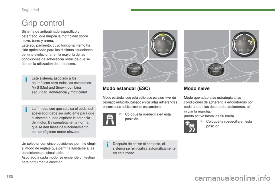 PEUGEOT 3008 2014 Manual del propietario (in Spanish) 130
Grip control
Modo estándar (ESC)
F Coloque la ruedecilla en esta posición.
Modo nieve
Sistema de antipatinado específico y
patentado, que mejora la motricidad sobre
nieve, barro y arena.
Este PEUGEOT 3008 2014 Manual del propietario (in Spanish) 130
Grip control
Modo estándar (ESC)
F Coloque la ruedecilla en esta posición.
Modo nieve
Sistema de antipatinado específico y
patentado, que mejora la motricidad sobre
nieve, barro y arena.
Este