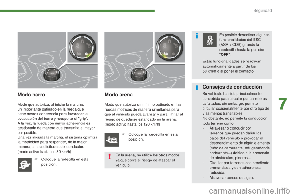 PEUGEOT 3008 2014 Manual del propietario (in Spanish) 131
Modo barro
Modo que autoriza, al iniciar la marcha,
un importante patinado en la rueda que
tiene menos adherencia para favorecer la
evacuación del barro y recuperar el "grip".
A la ve PEUGEOT 3008 2014 Manual del propietario (in Spanish) 131
Modo barro
Modo que autoriza, al iniciar la marcha,
un importante patinado en la rueda que
tiene menos adherencia para favorecer la
evacuación del barro y recuperar el "grip".
A la ve