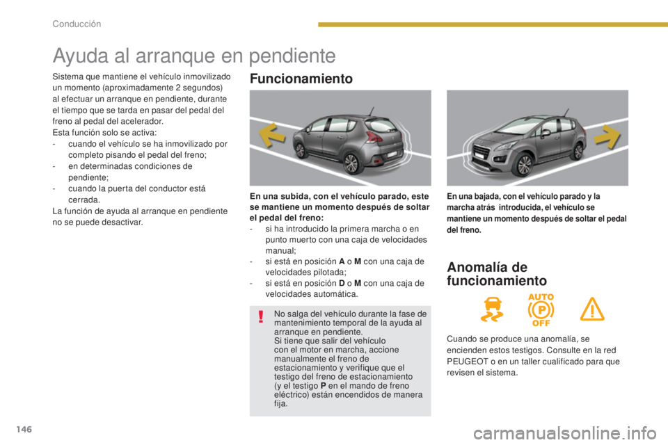PEUGEOT 3008 2014 Manual del propietario (in Spanish) 146
Ayuda al arranque en pendiente
Funcionamiento
En una subida, con el vehículo parado, este
se mantiene un momento después de soltar
el pedal del freno:
-
s
i ha introducido la primera marcha PEUGEOT 3008 2014 Manual del propietario (in Spanish) 146
Ayuda al arranque en pendiente
Funcionamiento
En una subida, con el vehículo parado, este
se mantiene un momento después de soltar
el pedal del freno:
-
s
i ha introducido la primera marcha