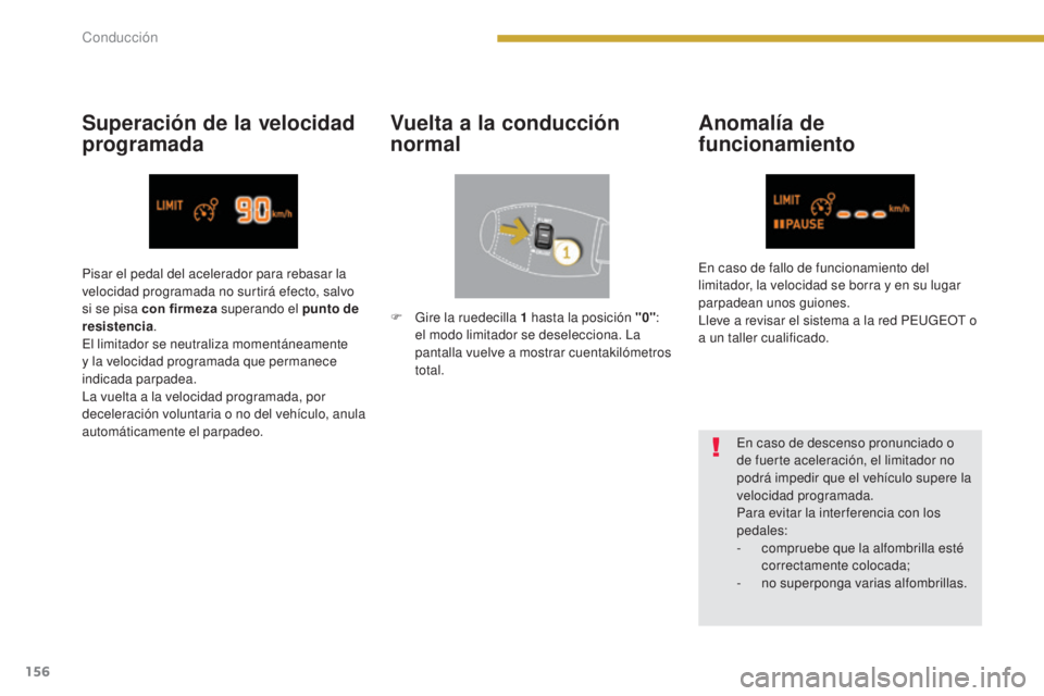 PEUGEOT 3008 2014 Manual del propietario (in Spanish) 156
AnomalÃa de
funcionamiento
En caso de descenso pronunciado o
de fuerte aceleración, el limitador no
podrá impedir que el vehÃculo supere la
velocidad programada.
Para evitar la inter feren PEUGEOT 3008 2014 Manual del propietario (in Spanish) 156
AnomalÃa de
funcionamiento
En caso de descenso pronunciado o
de fuerte aceleración, el limitador no
podrá impedir que el vehÃculo supere la
velocidad programada.
Para evitar la inter feren