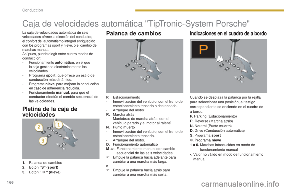 PEUGEOT 3008 2014 Manual del propietario (in Spanish) 166
Caja de velocidades automática "TipTronic-System Porsche"
Palanca de cambios
P. Estacionamiento
-
I nmovilización del vehículo, con el freno de
estacionamiento tensado o destensado. PEUGEOT 3008 2014 Manual del propietario (in Spanish) 166
Caja de velocidades automática "TipTronic-System Porsche"
Palanca de cambios
P. Estacionamiento
-
I nmovilización del vehículo, con el freno de
estacionamiento tensado o destensado.
