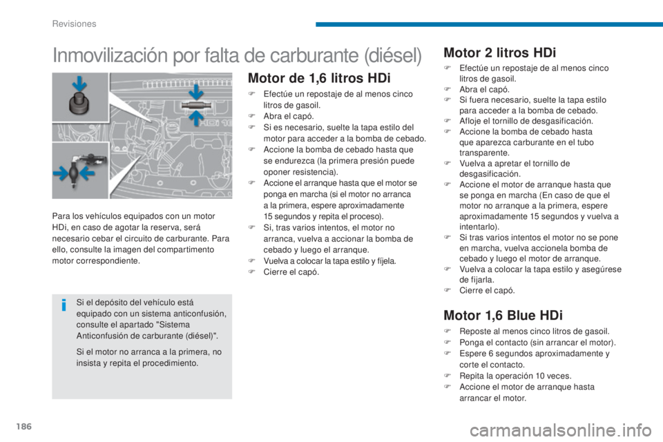 PEUGEOT 3008 2014 Manual del propietario (in Spanish) 186
Inmovilización por falta de carburante (diésel)
Motor de 1,6 litros HDi
F Efectúe un repostaje de al menos cinco litros de gasoil.
F
A
bra el capó.
F
S
i es necesario, suelte la tapa est PEUGEOT 3008 2014 Manual del propietario (in Spanish) 186
Inmovilización por falta de carburante (diésel)
Motor de 1,6 litros HDi
F Efectúe un repostaje de al menos cinco litros de gasoil.
F
A
bra el capó.
F
S
i es necesario, suelte la tapa est