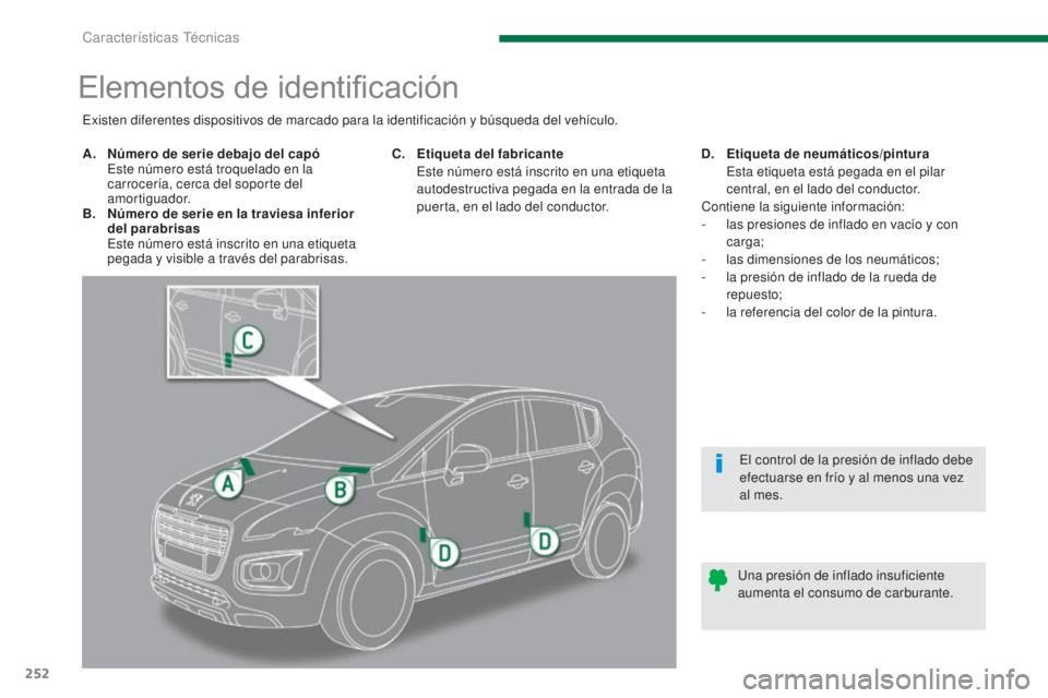 PEUGEOT 3008 2014 Manual del propietario (in Spanish) 252
Elementos de identificación
A. Número de serie debajo del capó E
ste número está troquelado en la
carrocería, cerca del soporte del
amortiguador.
B.
N
úmero de serie en la traviesa inf PEUGEOT 3008 2014 Manual del propietario (in Spanish) 252
Elementos de identificación
A. Número de serie debajo del capó E
ste número está troquelado en la
carrocería, cerca del soporte del
amortiguador.
B.
N
úmero de serie en la traviesa inf